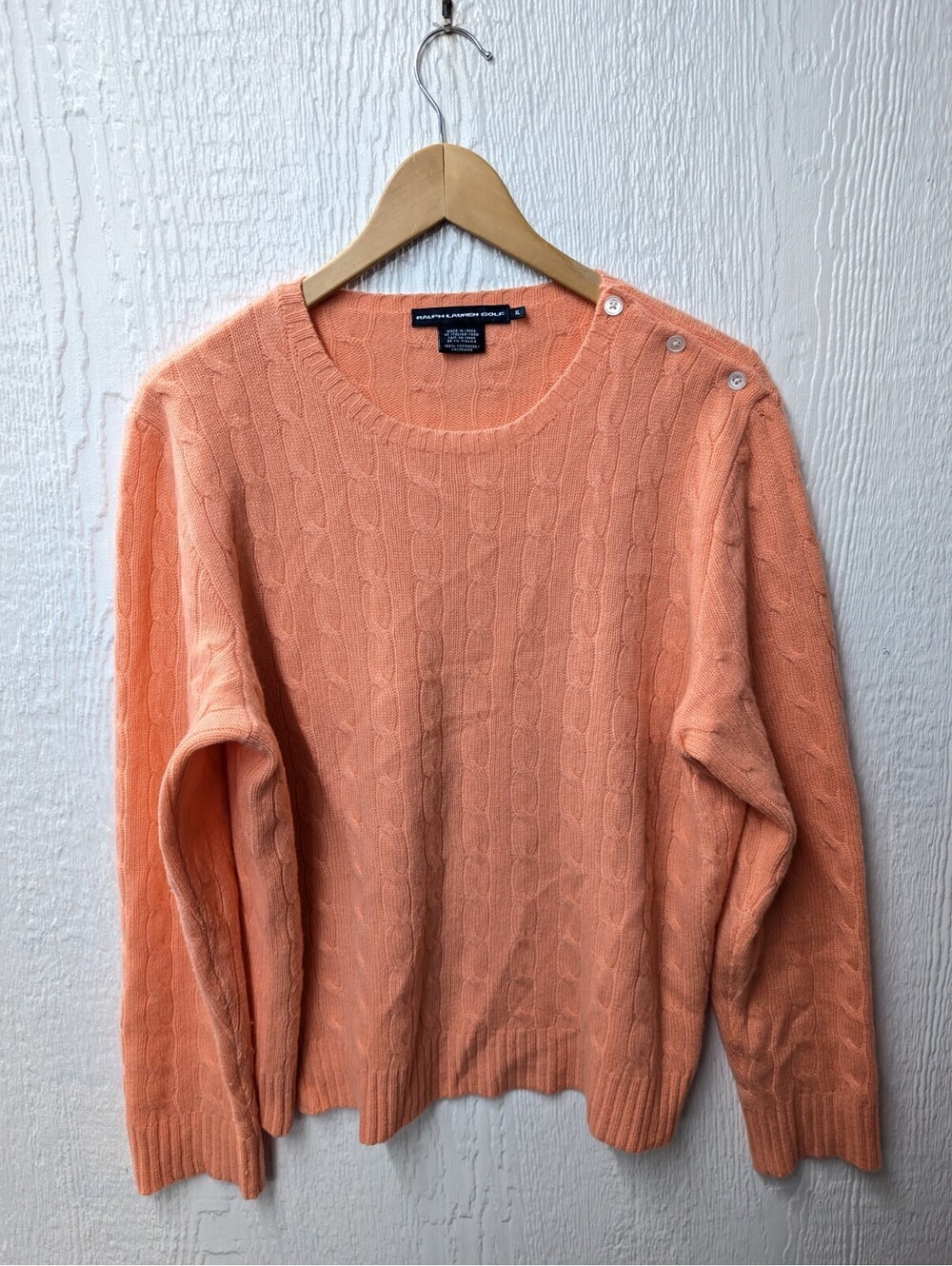 Ralph Lauren Golf Cable Knit 100% Cashmere Orange Sherbet Sweater Preppy XL